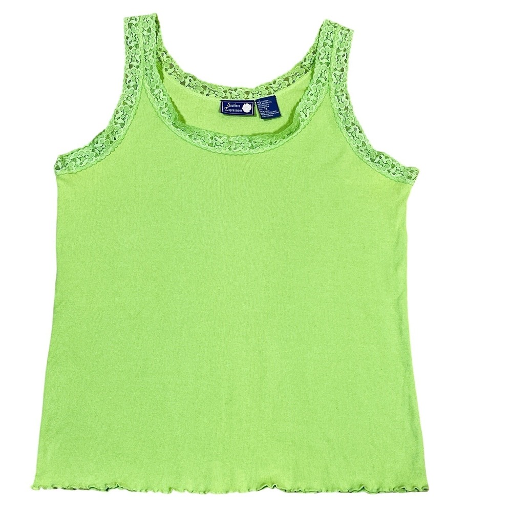 90's Southern Expressions Neon Yellow Lace Trim Cami Tank 1X Retro Y2K Coquette